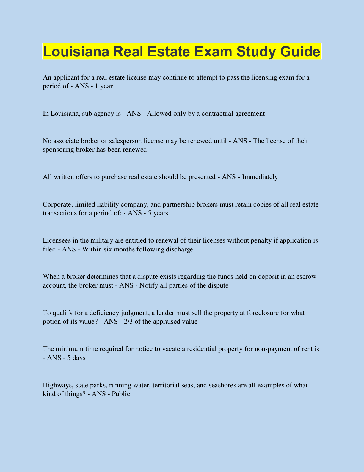 Louisiana Real Estate Exam Study Guide Browsegrades